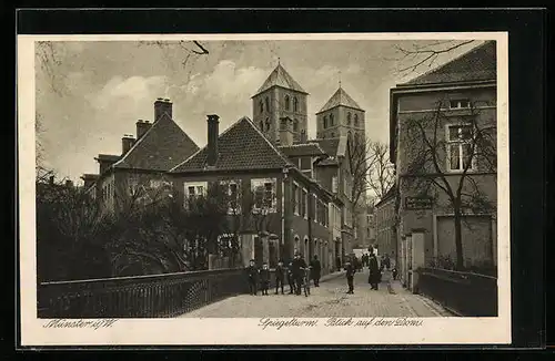 AK Münster i. W., Spiegelturm mit Blick auf den Dom