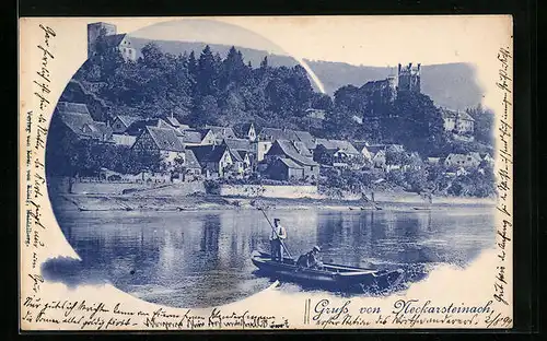 AK Neckarsteinach, Ortsansicht mit Bootspartie