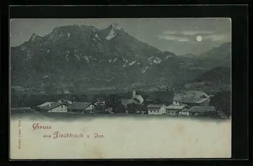 Mondschein-AK Fischbach a. Inn, Ortsansicht mit Bergpanorama