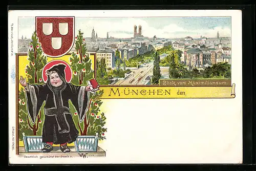 Lithographie München, Blick zum Maximilianeum, Münchner Kindl, Wappen