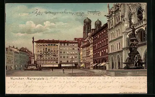 Lithographie München, Marienplatz mit Frauenkirche und Denkmal