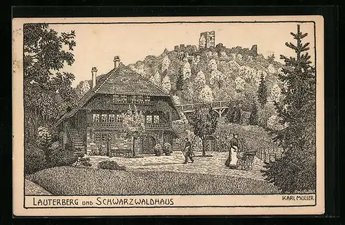 Künstler-AK Lauterberg, Schwarzwaldhaus und Ruine
