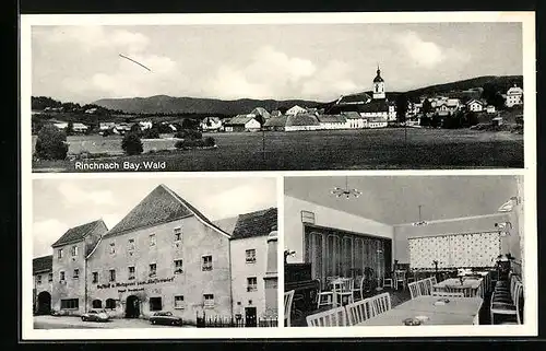 AK Rinchnach /Bay. Wald, Gasthof und Metzgerei zum Klosterwirt, Innenansicht, Ortspartie mit Kirche