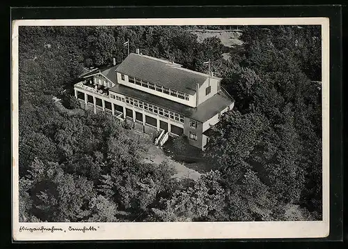 AK Hausbruch /Haake, Cafe-Restaurant Sennhütte von A. Bollmann, Fliegeraufnahme