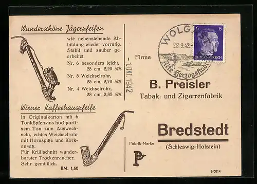 AK Bredstedt /Schleswig-Holstein, Tabak- und Zigarrenfabrik B. Preisler, Reklame für Pfeifen