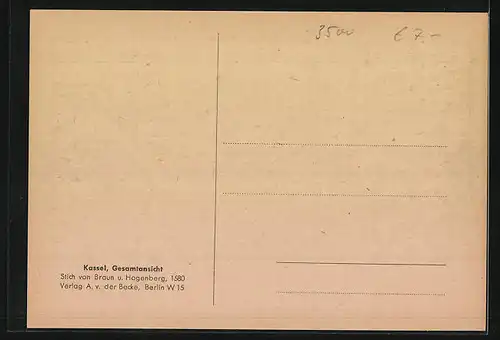 Künstler-AK Kassel, Gesamtansicht, Stich von Braun und Hogenberg, 1580