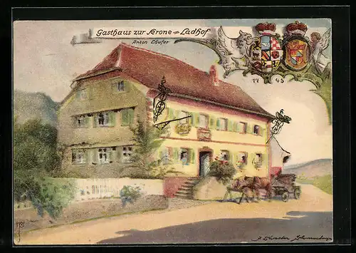 Künstler-AK Unterprechtal, Gasthaus zur Krone von Anton Läufer, Wappen