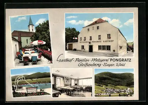 AK Gleissenberg, Gasthof-Pension-Metzgerei Pongratz, Schwimmbad, Totalansicht