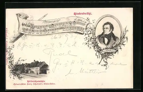 AK Hinterbrühl, Gasthof Höldrichsmühle, Portrait Franz Schubert