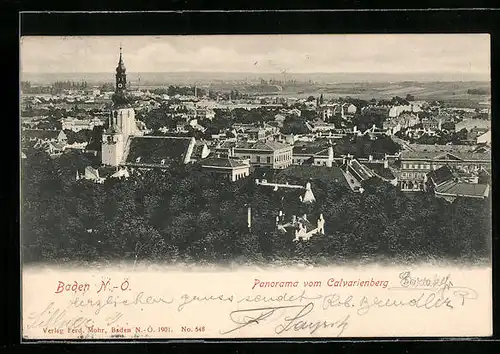 AK Baden, Panorama mit Kirche vom Calvarienberg