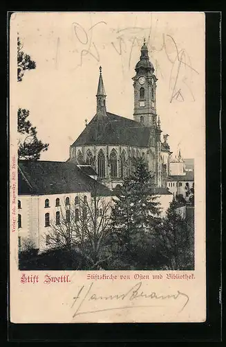 AK Zwettl, Stiftskirche von Osten und Bibliothek