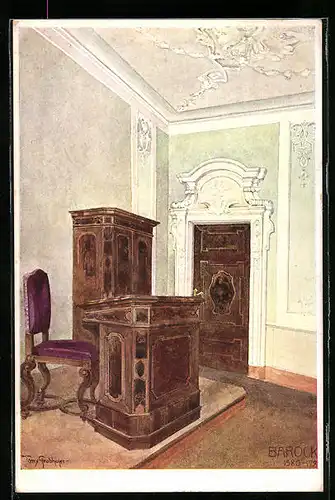Künstler-AK Berndorf, Schule, Lehrzimmer im Barockstil