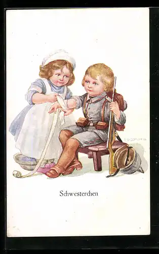 Künstler-AK H. Zahl: Schwesterchen verbindet Jungen den Arm