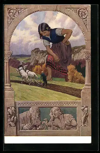 Künstler-AK Paul Hey: Das Riesenspielzeug, Bauer mit Pferdepflug, Märchen