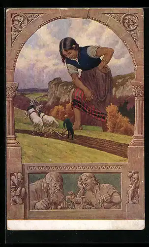 Künstler-AK Paul Hey: Das Riesenspielzeug, Bauer mit Pferdepflug, Märchen