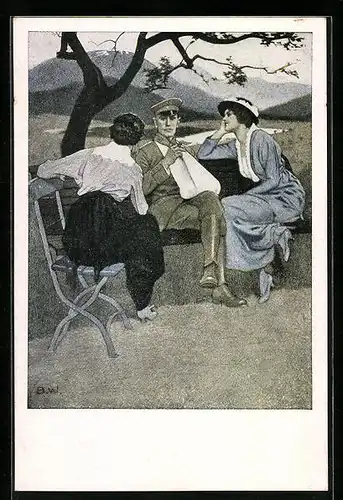 Künstler-AK Brynolf Wennerberg: Daheim, Verwundeter Soldat mit zwei Frauen