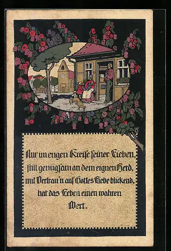 Steindruck-AK Familie mit Kindern vor dem Haus