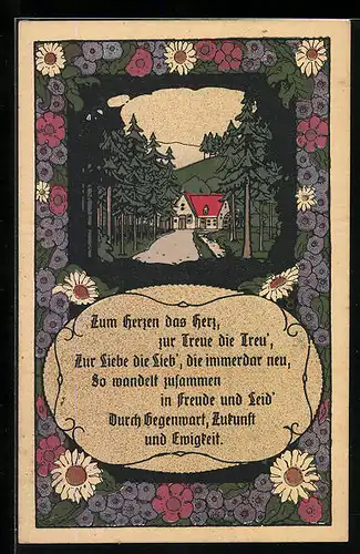 Steindruck-AK Zum Herzen das Herz..., Haus im Tannenwald, Gänseblumen