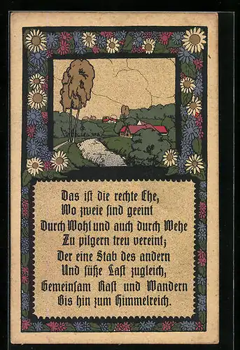 Steindruck-AK Das ist die rechte Ehe..., Landschaft mit Häusern und Bäumen