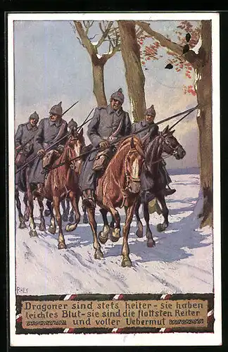 Künstler-AK Paul Hey: Verein für das Deutschtum im Ausland, Soldatenliederkarte Nr. 10 Dragoner sind stets heiter...