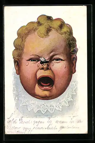 AK Weinender Säugling mit Fliege auf der Nase