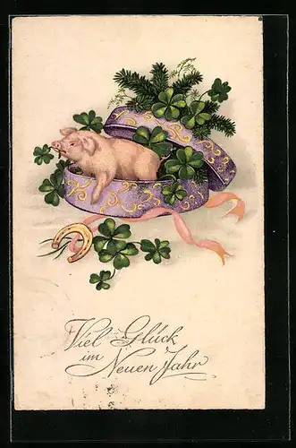 AK Schwein in Geschenkschachtel, Neujahrsgruss