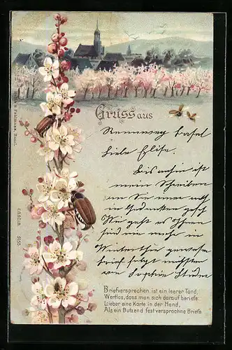 Lithographie Maikäfer auf Blütenzweig vor einer Ortschaft