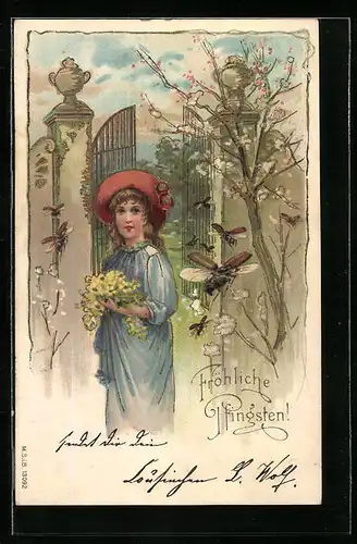 Lithographie Mädchen mit Blumen und fliegende Maikäfer, Pfingstgruss