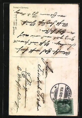 Passepartout-AK Fliegender Maikäfer, Birkenzweig und Landschaft, Pfingstgruss