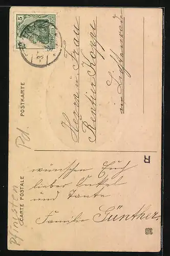 Präge-AK Maikäfer auf Birkenblatt, Pfingstgruss