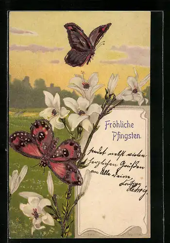 Lithographie Schmetterlinge an weissen Lilien auf einer Wiese, Pfingstgruss