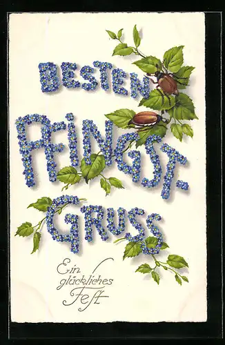 AK Maikäfer auf Birkenblättern, Pfingstgruss aus Blüten