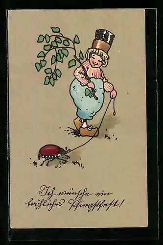 AK Kinderfigur mit Maikäfer an Leine, Pfingstgruss