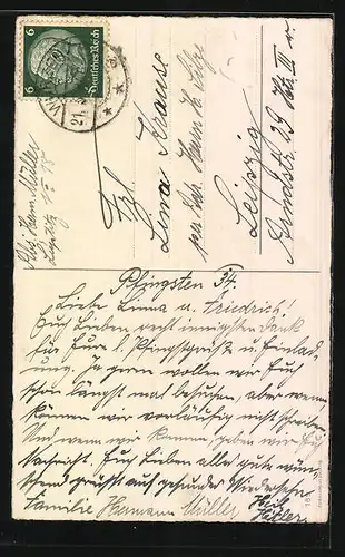 Passepartout-AK Maikäfer auf Birkenzweig, Birkenlandschaft, Pfingstgruss