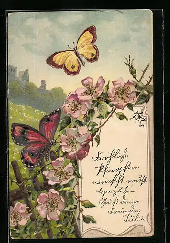 Lithographie Zwei Schmetterlinge an Blüten vor einer Wiese