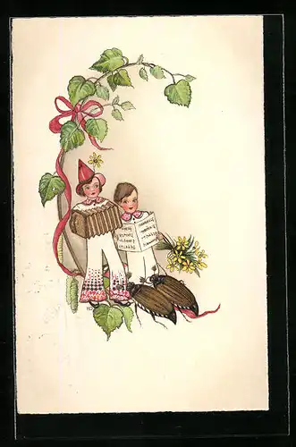 AK Musizierende Kinder und Maikäfer