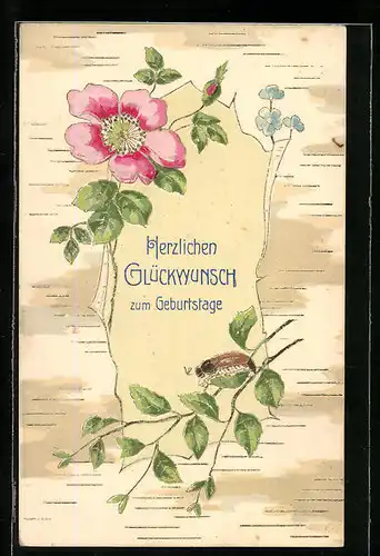 Präge-AK Maikäfer und Rose, Pfingstgruss