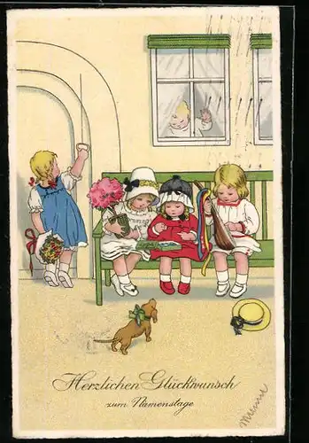 AK Kleine Namenstagsbesucher mit Geschenken und Dackel