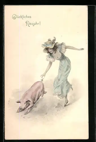 Lithographie Junge Dame versucht Schwein zu fangen, Neujahrsgruss