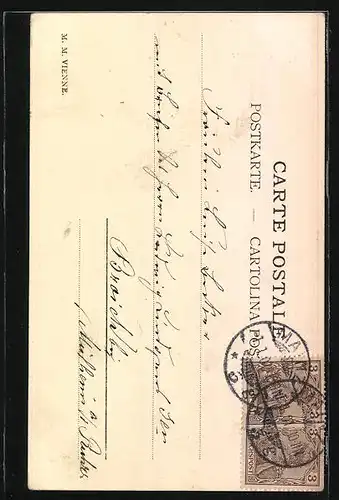 Lithographie Junge Dame versucht Schwein zu fangen, Neujahrsgruss