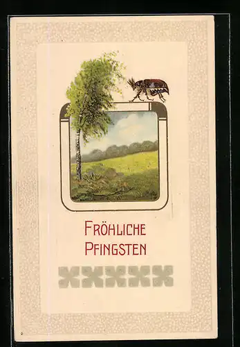 Passepartout-AK Frühlingslandschaft und Maikäfer, Pfingstgruss