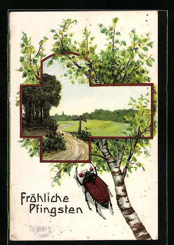 AK Maikäfer, Birke und Landschaftsbild, Pfingstgruss