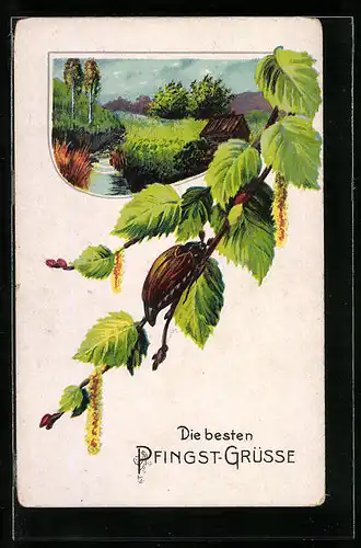 AK Maikäfer auf Zweig vor Bachidylle, Pfingstgruss