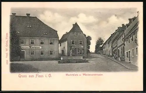 AK Floss i. O., Marktplatz und Weidenerstrasse mit Gasthaus Zum goldenen Löwen