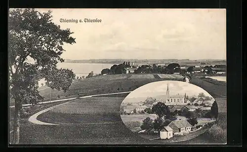 AK Chieming a. Chiemsee, Ortspartie mit Kirche, Panorama