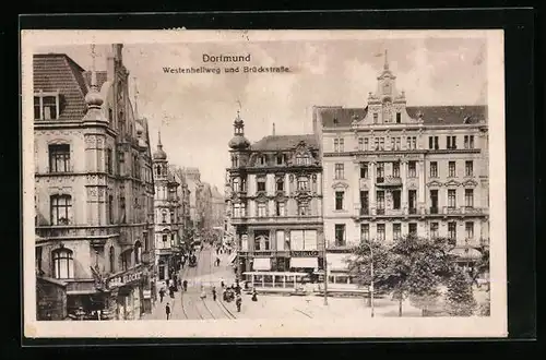 AK Dortmund, Westenhellweg und Brückstrasse mit Hotel zum Römischen Kaiser und Strassenbahn