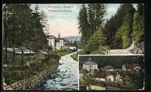 Relief-AK Kipsdorf i. Erzgeb., Hotel Früstenhof, Weisseritz-Partie, Ortspartie