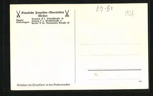 AK Meissen, Staatliche Porzellan-Manufaktur, Innenansicht, Dresden Schlossstrasse 36, Leipzig Goethestrasse 6