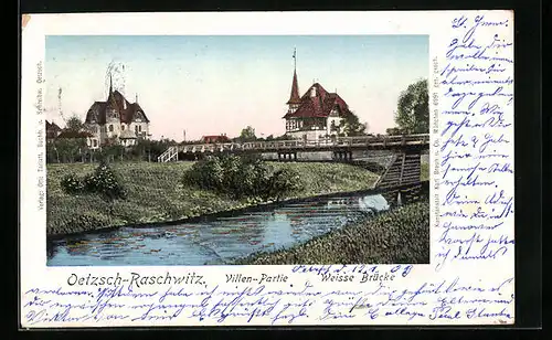 Goldfenster-AK Oetzsch-Raschwitz, Villen-Partie mit Weisser Brücke