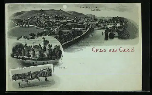 Mondschein-Lithographie Kassel, Panorama, Löwenburg, Friedrichsplatz